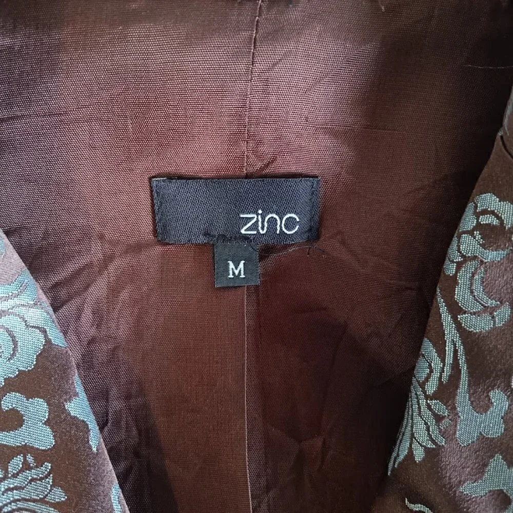 Zinc Brown Blue Floral Jacquard Tie Waist Blazer